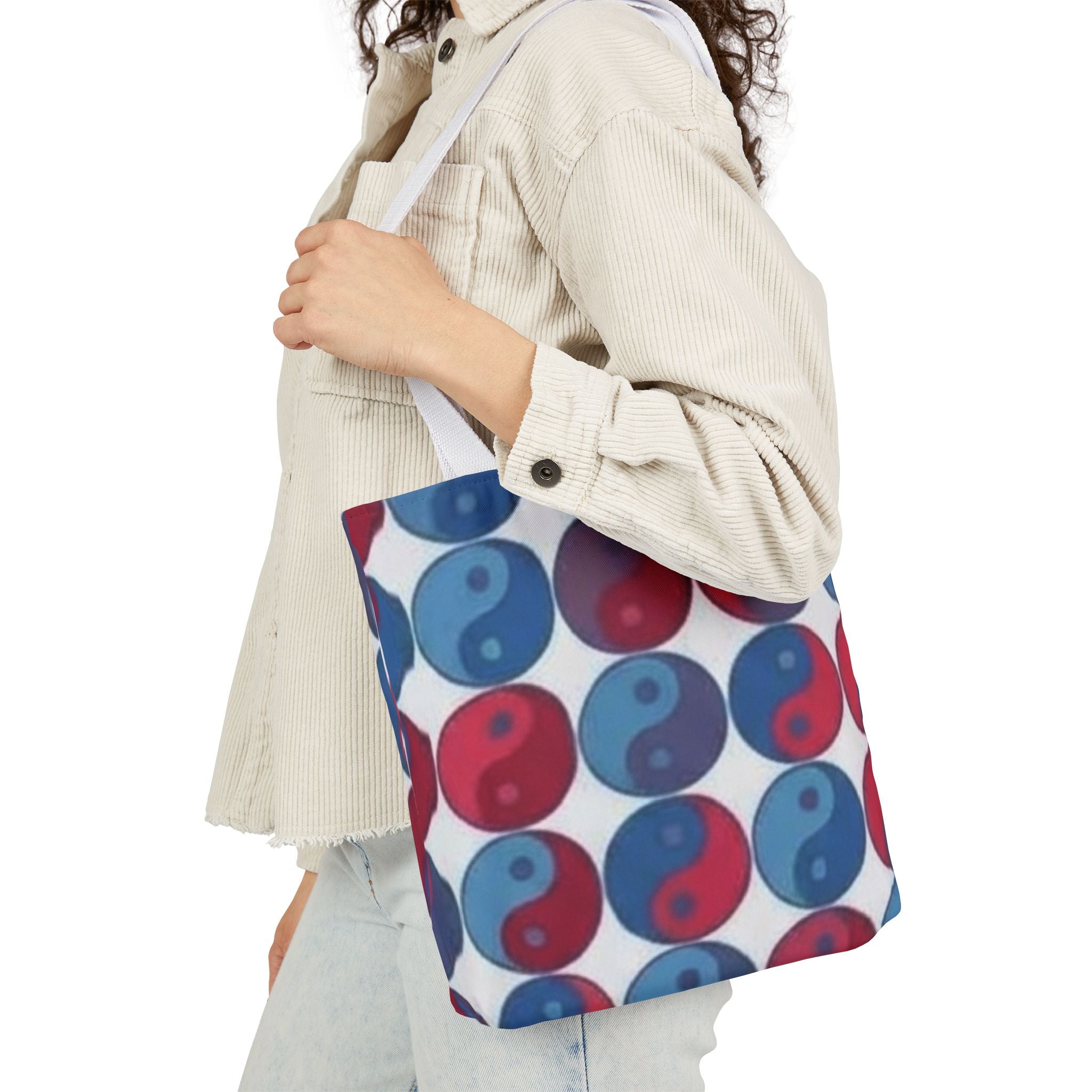 Yin Yang Pattern Canvas Tote — Red & Blue Reversible Symbol Beach Bag