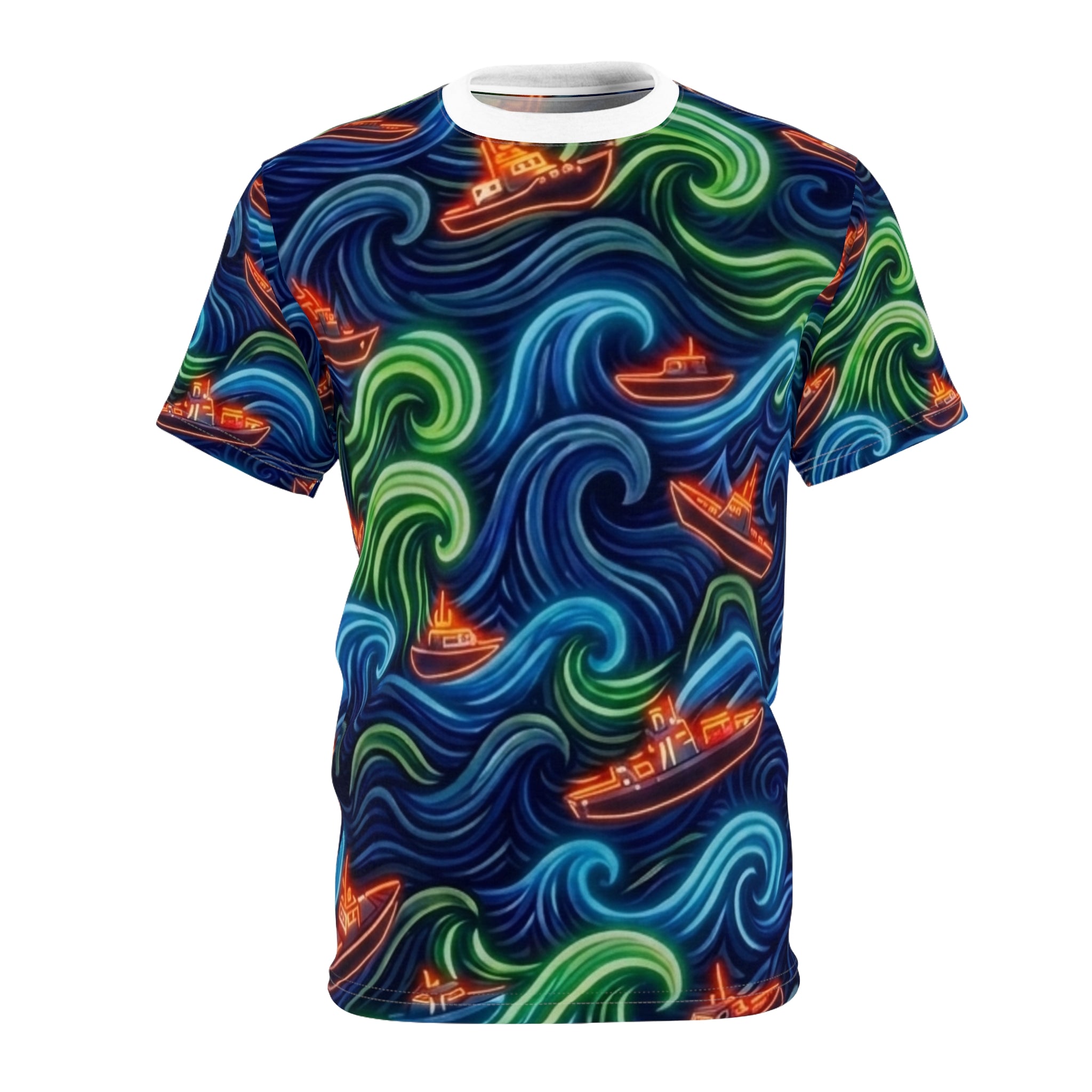 All-Over Print Tee — Neon Wave Surf & Boat Pattern Printify