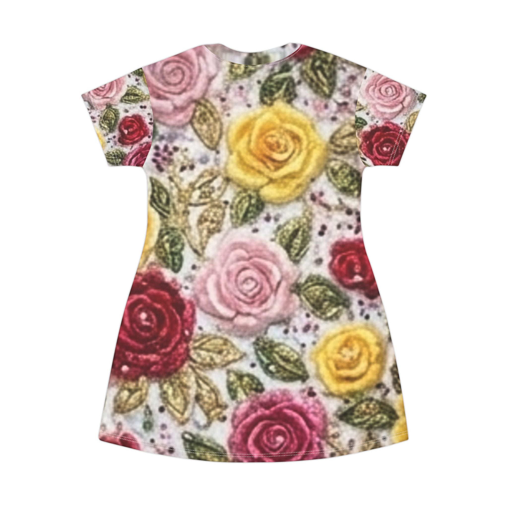 Floral Rose All-Over Print T-Shirt Dress — Vintage Pink, Red & Yellow Garden Pattern
