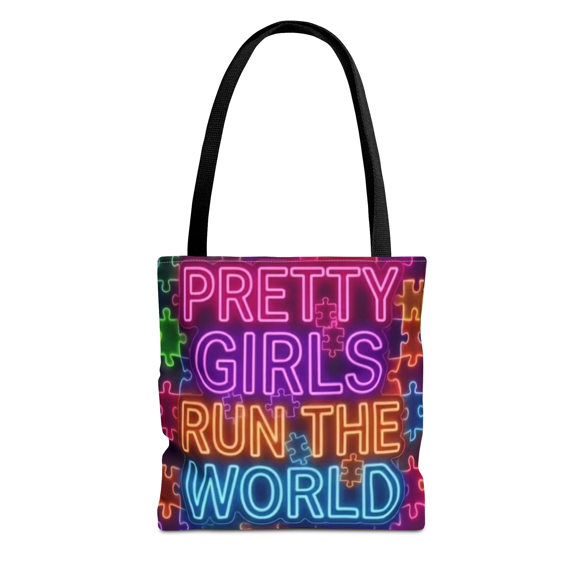 Pretty Girls Run the World Tote Bag — Neon Puzzle Pattern AOP Tote Printify