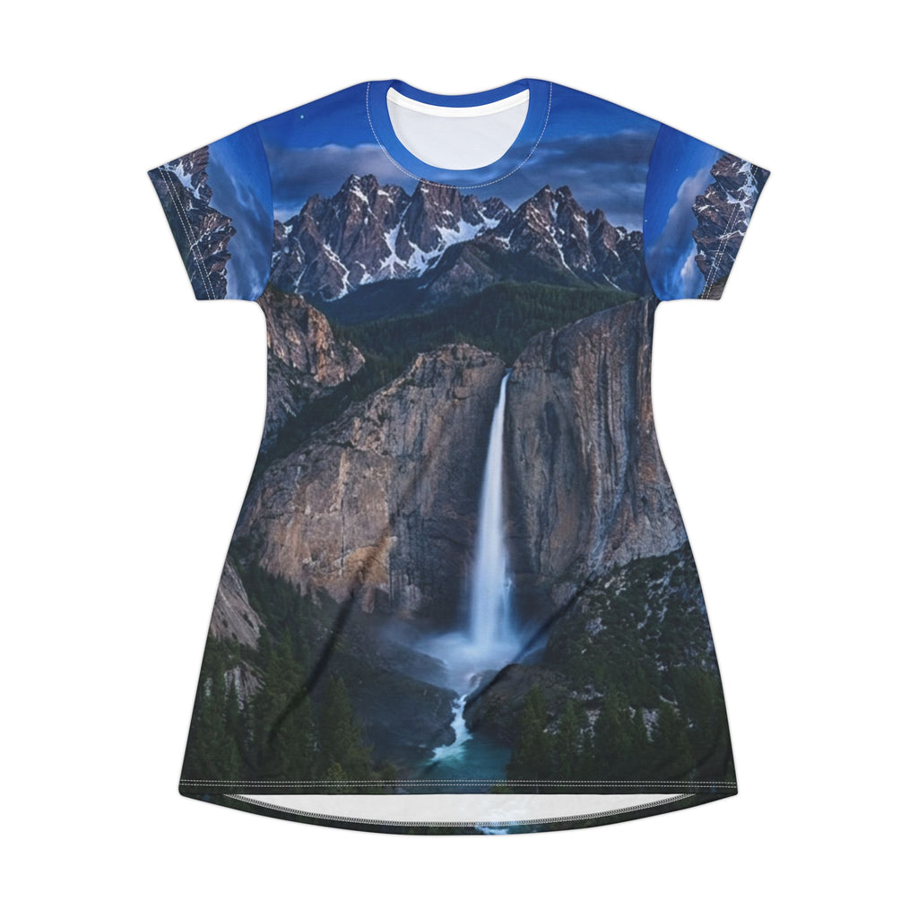 Waterfall Mountain T-Shirt Dress — Scenic Yosemite Nightfall All-Over Print