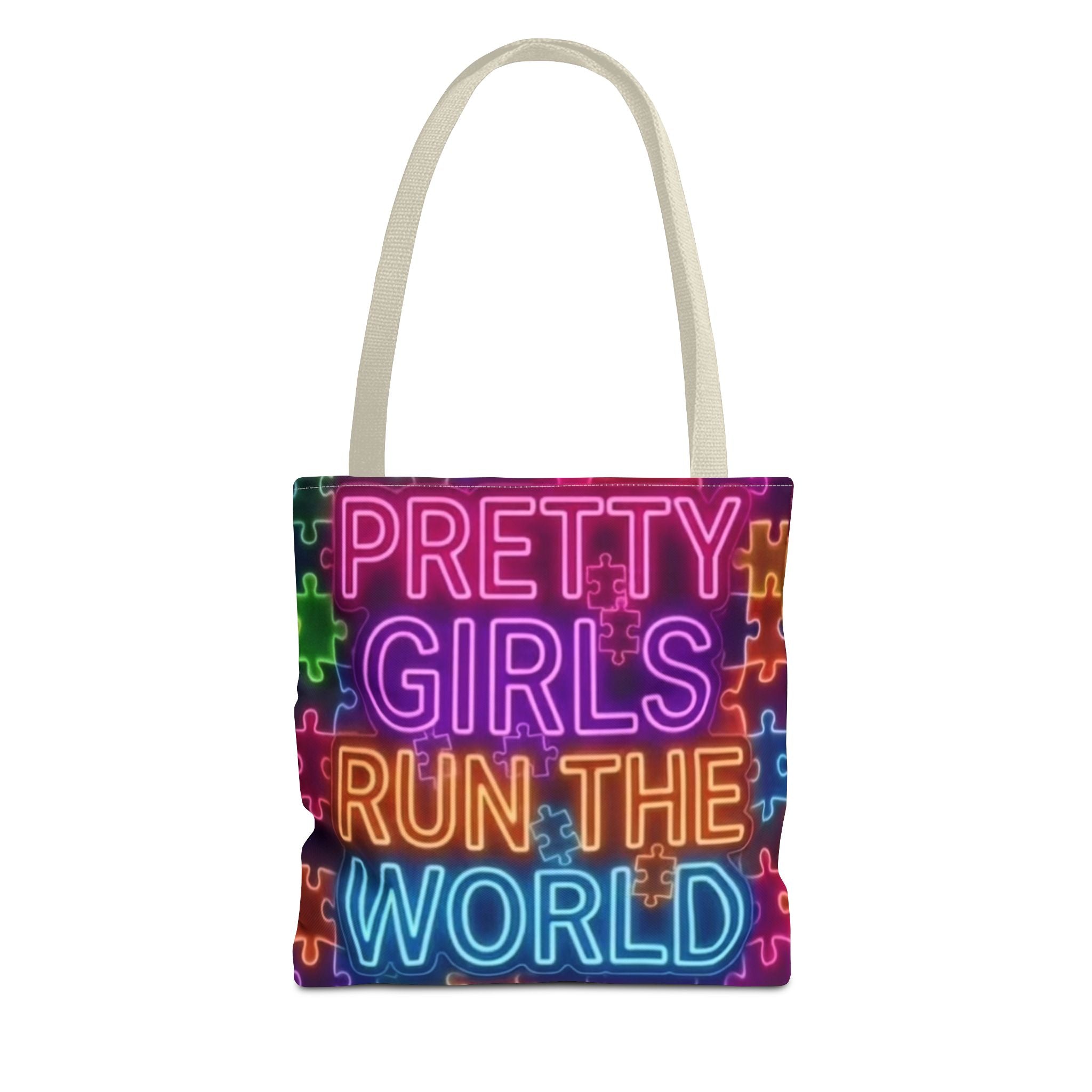 Pretty Girls Run the World Tote Bag — Neon Puzzle Pattern AOP Tote Printify