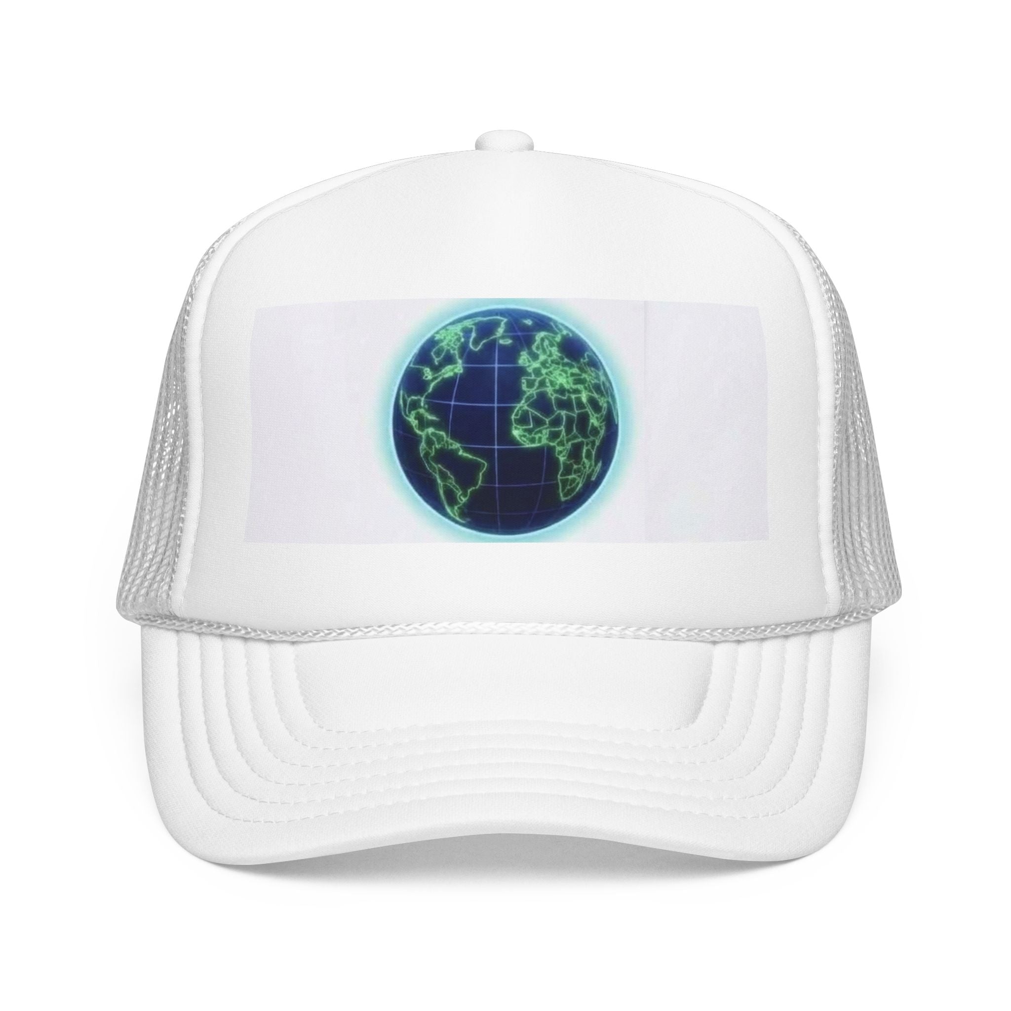 Neon Globe Foam Trucker Hat – Retro Earth Graphic Cap Printify