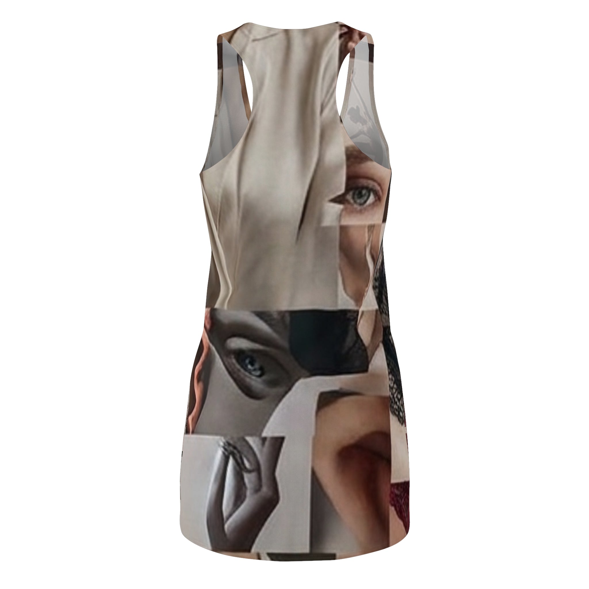 Abstract Collage Racerback Dress — Surreal Face Mosaic All-Over Print