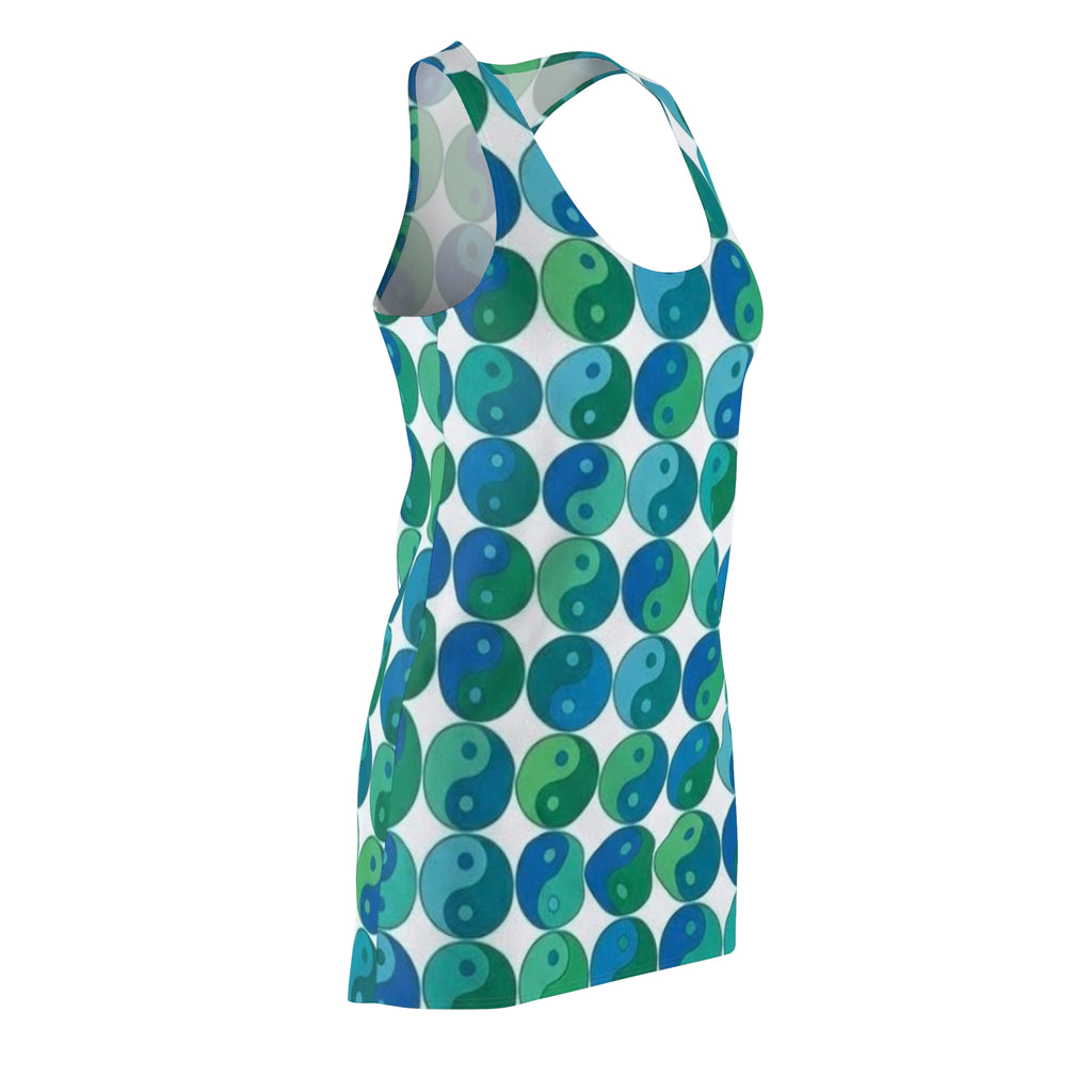 Yin Yang Pattern Racerback Dress — Blue & Green All-Over Print