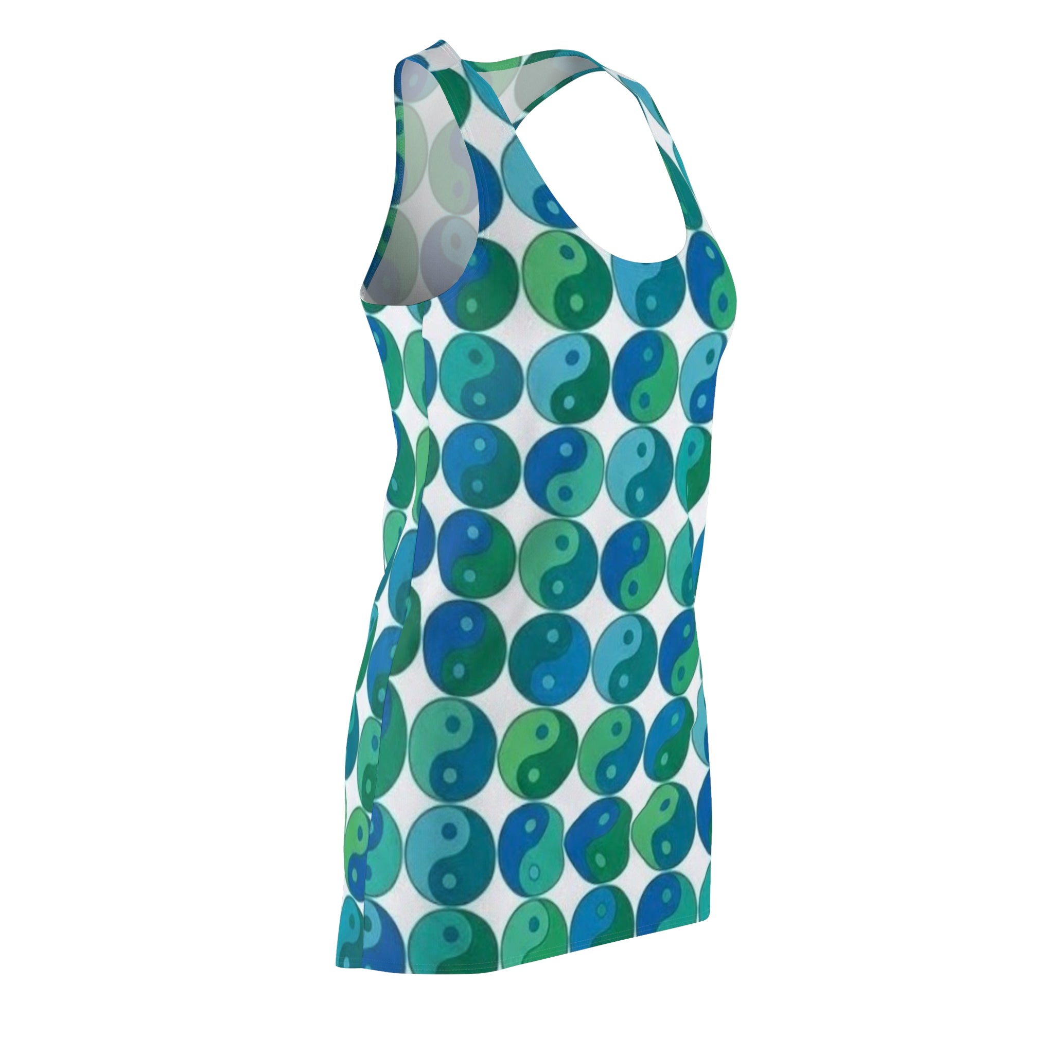 Yin Yang Pattern Racerback Dress — Blue & Green All-Over Print