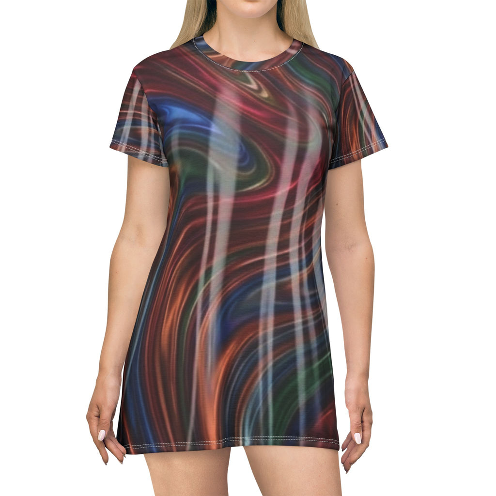 Abstract Swirl T-Shirt Dress — Multicolor Fluid Art All-Over Print