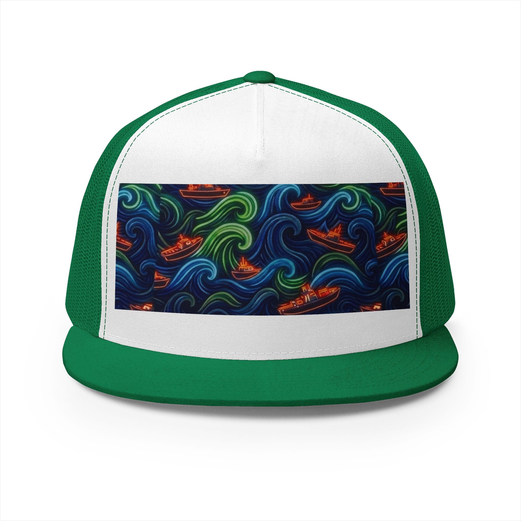 All-Over Print Trucker Cap Neon Wave Surf & Boat Pattern —5-Panel Mesh Hat Printify