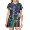 Swirl Neon All-Over Print T-Shirt Dress — Psychedelic Iridescent Wave Dress