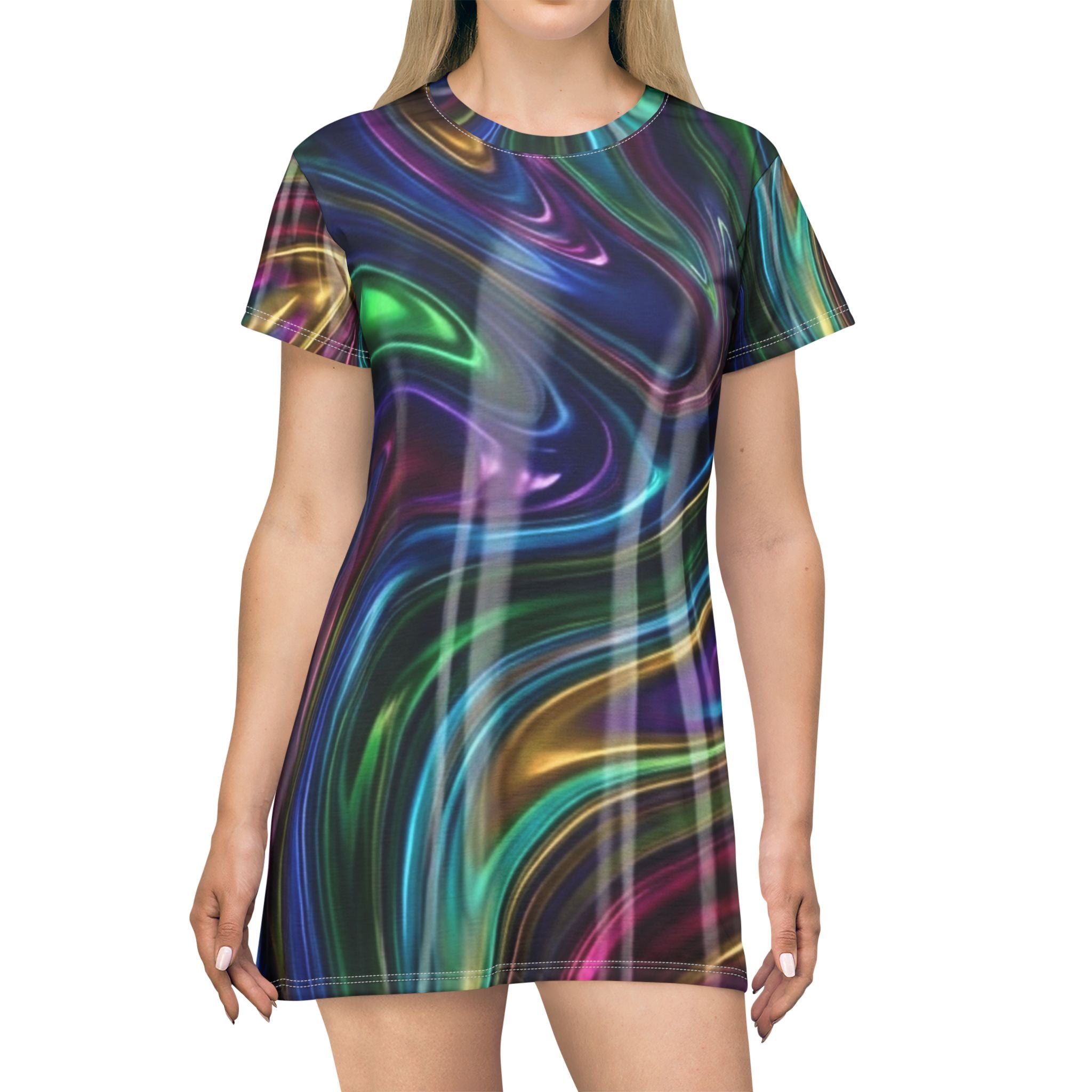 Swirl Neon All-Over Print T-Shirt Dress — Psychedelic Iridescent Wave Dress