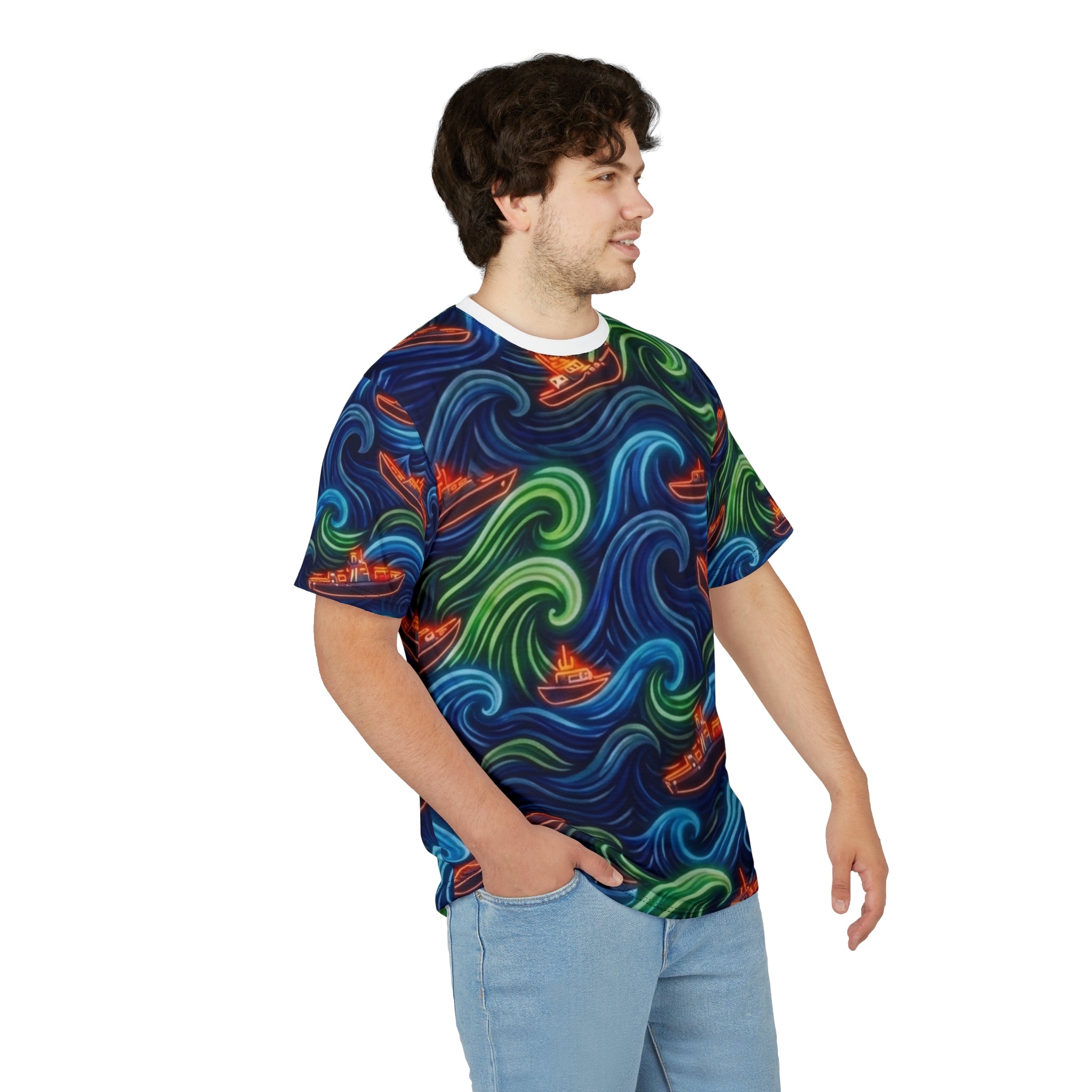 All-Over Print Tee — Neon Wave Surf & Boat Pattern Printify