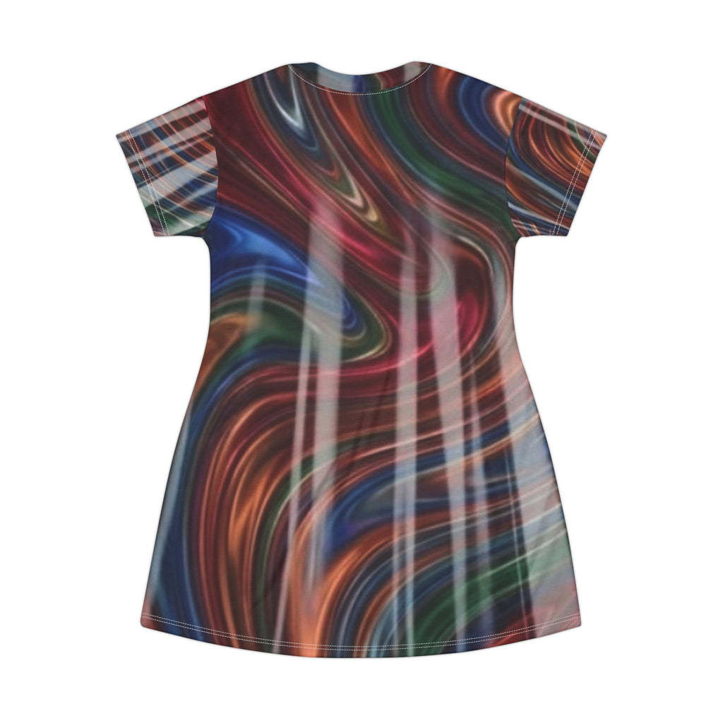 Abstract Swirl T-Shirt Dress — Multicolor Fluid Art All-Over Print