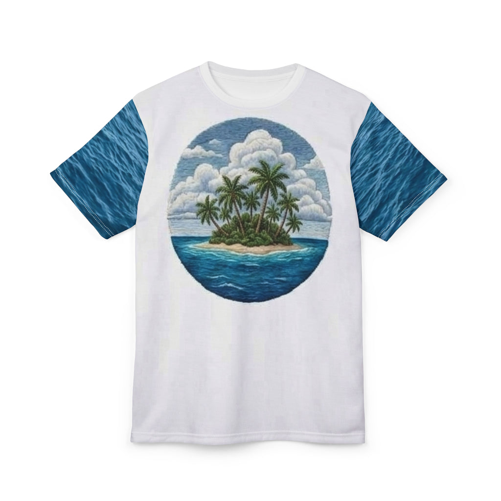 Tropical Island All-Over Print Tee — Palm Tree Beach Vacation Shirt