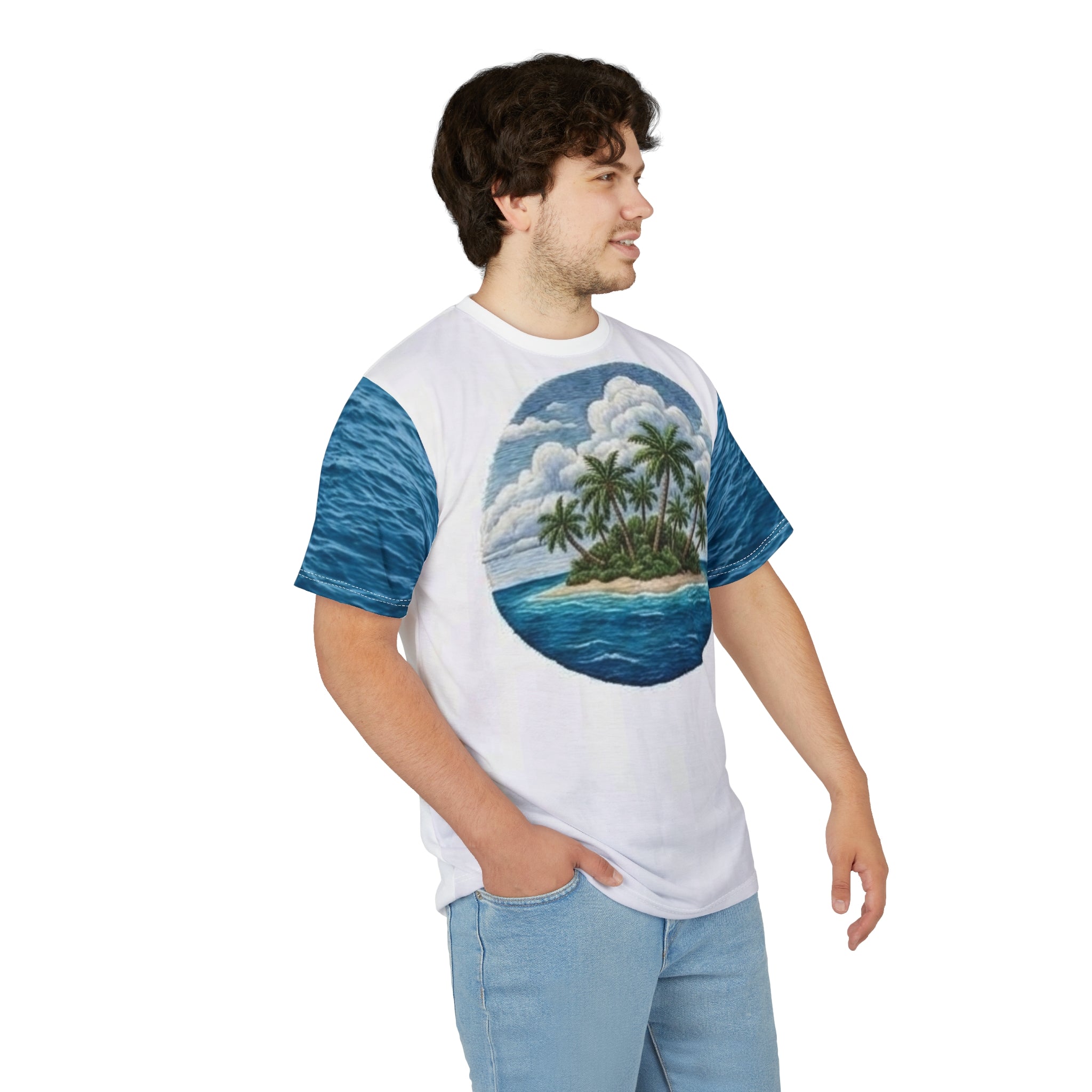 Tropical Island All-Over Print Tee — Palm Tree Beach Vacation Shirt