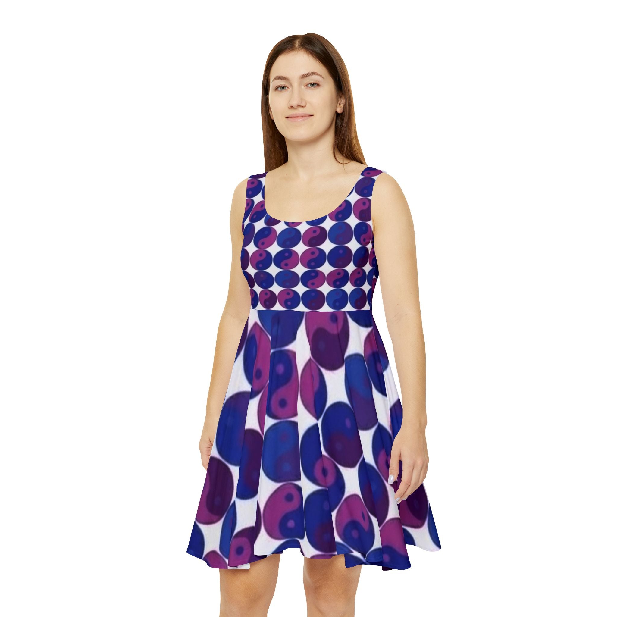 Yin Yang Polka Dot Skater Dress — Purple & Blue Graphic Print