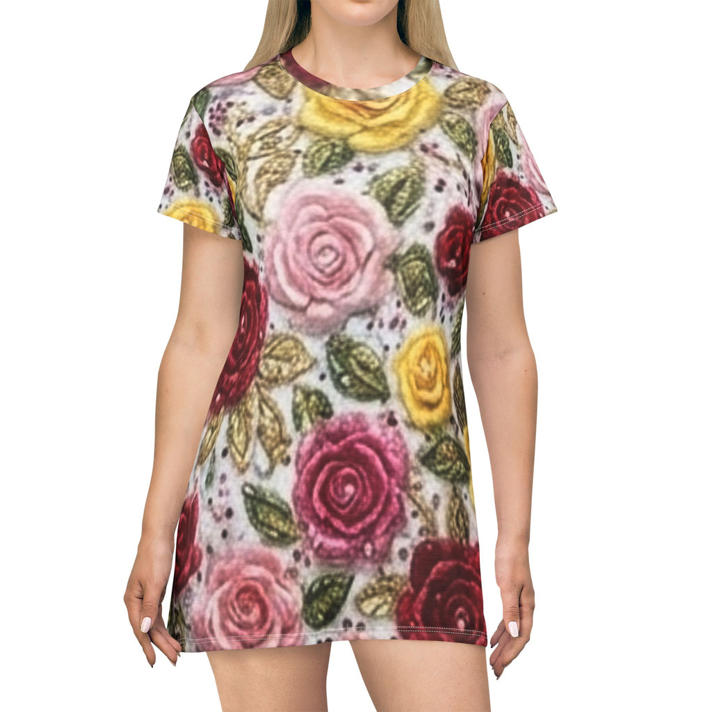 Floral Rose All-Over Print T-Shirt Dress — Vintage Pink, Red & Yellow Garden Pattern