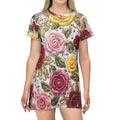 Floral Rose All-Over Print T-Shirt Dress — Vintage Pink, Red & Yellow Garden Pattern