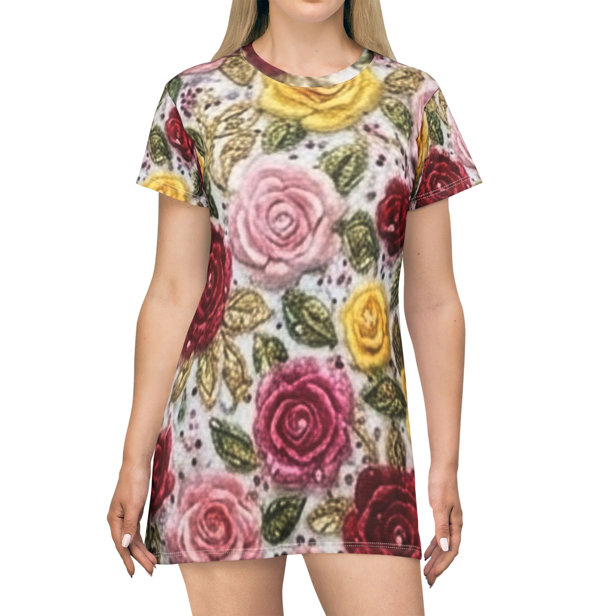 Floral Rose All-Over Print T-Shirt Dress — Vintage Pink, Red & Yellow Garden Pattern