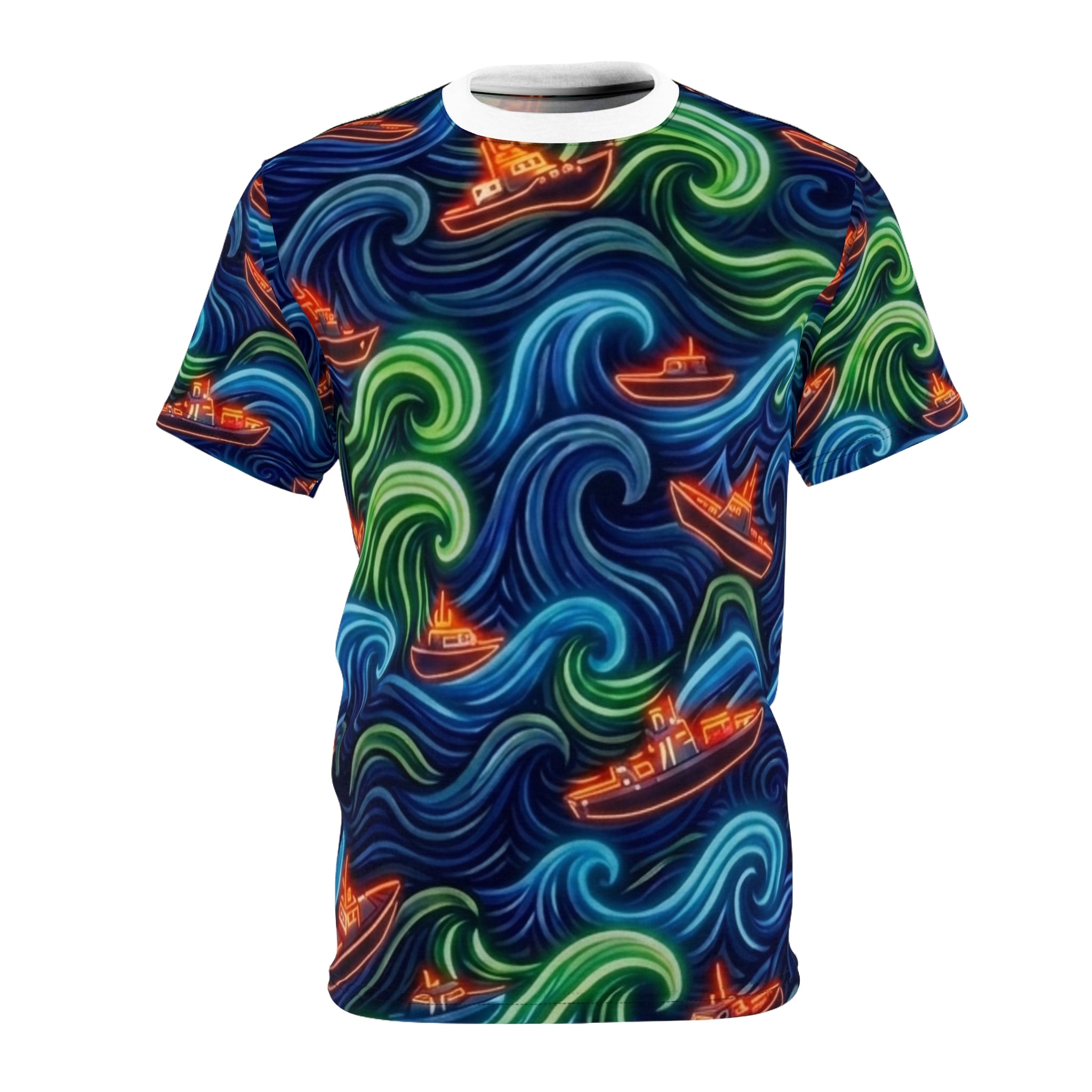 All-Over Print Tee — Neon Wave Surf & Boat Pattern Printify