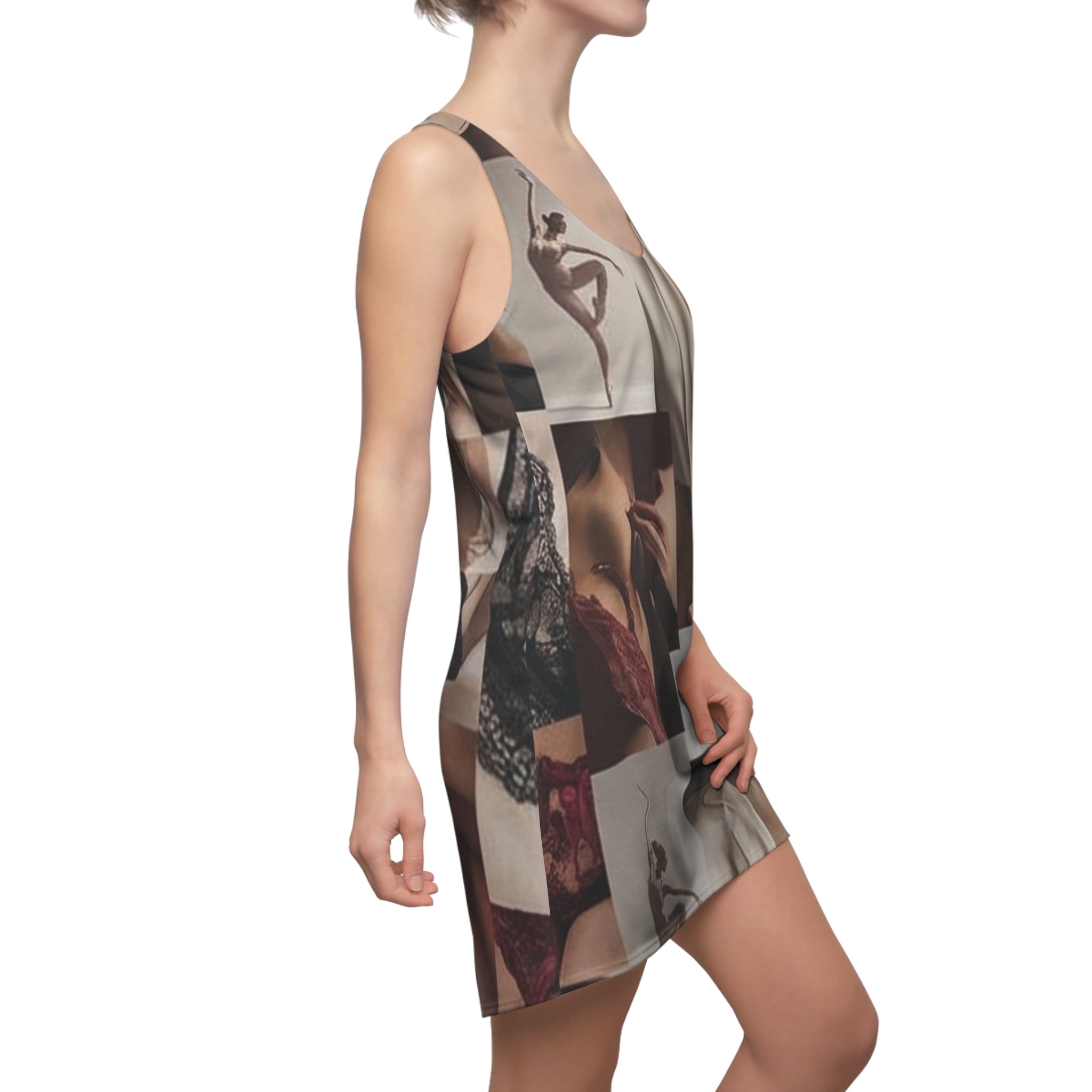 Abstract Collage Racerback Dress — Surreal Face Mosaic All-Over Print