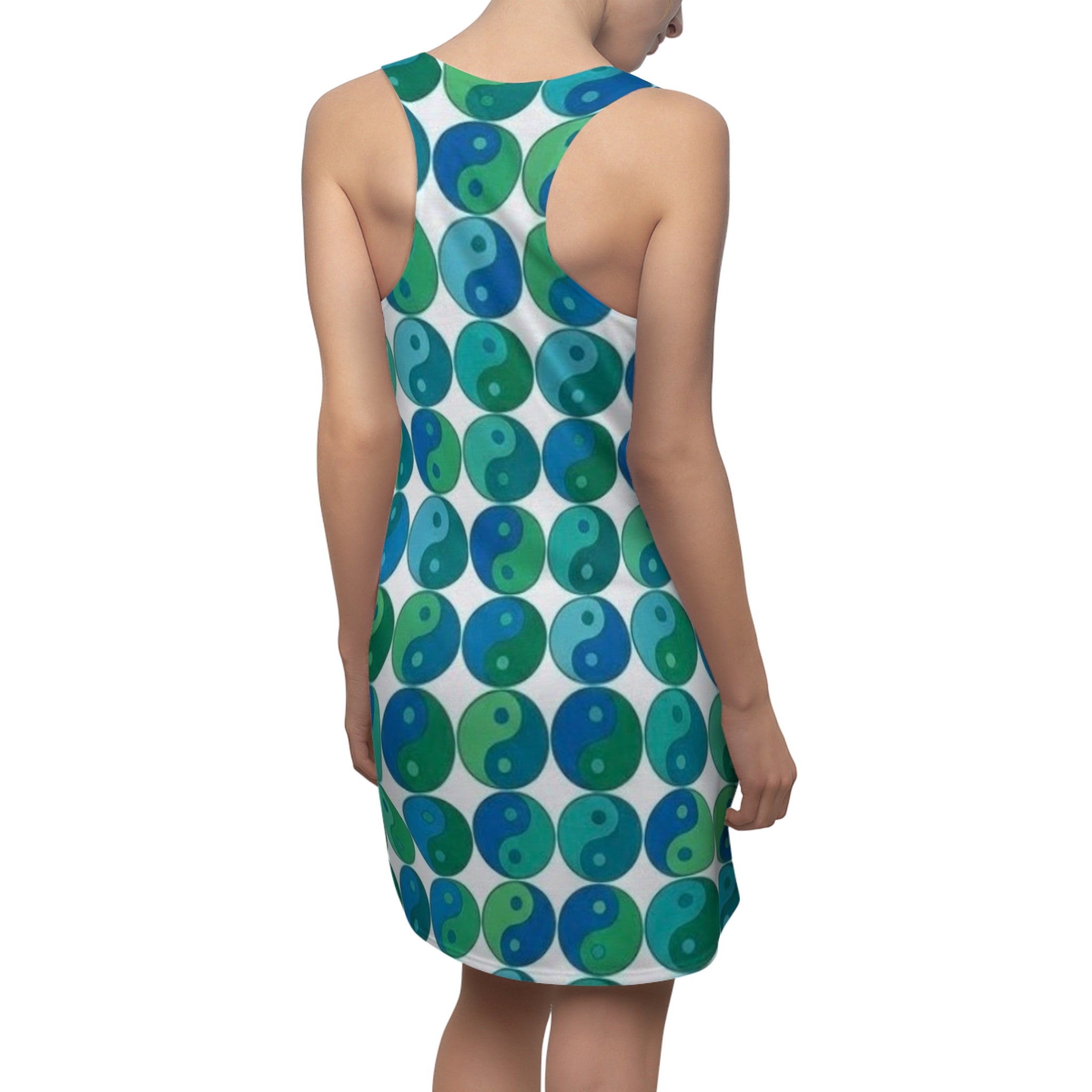 Yin Yang Pattern Racerback Dress — Blue & Green All-Over Print