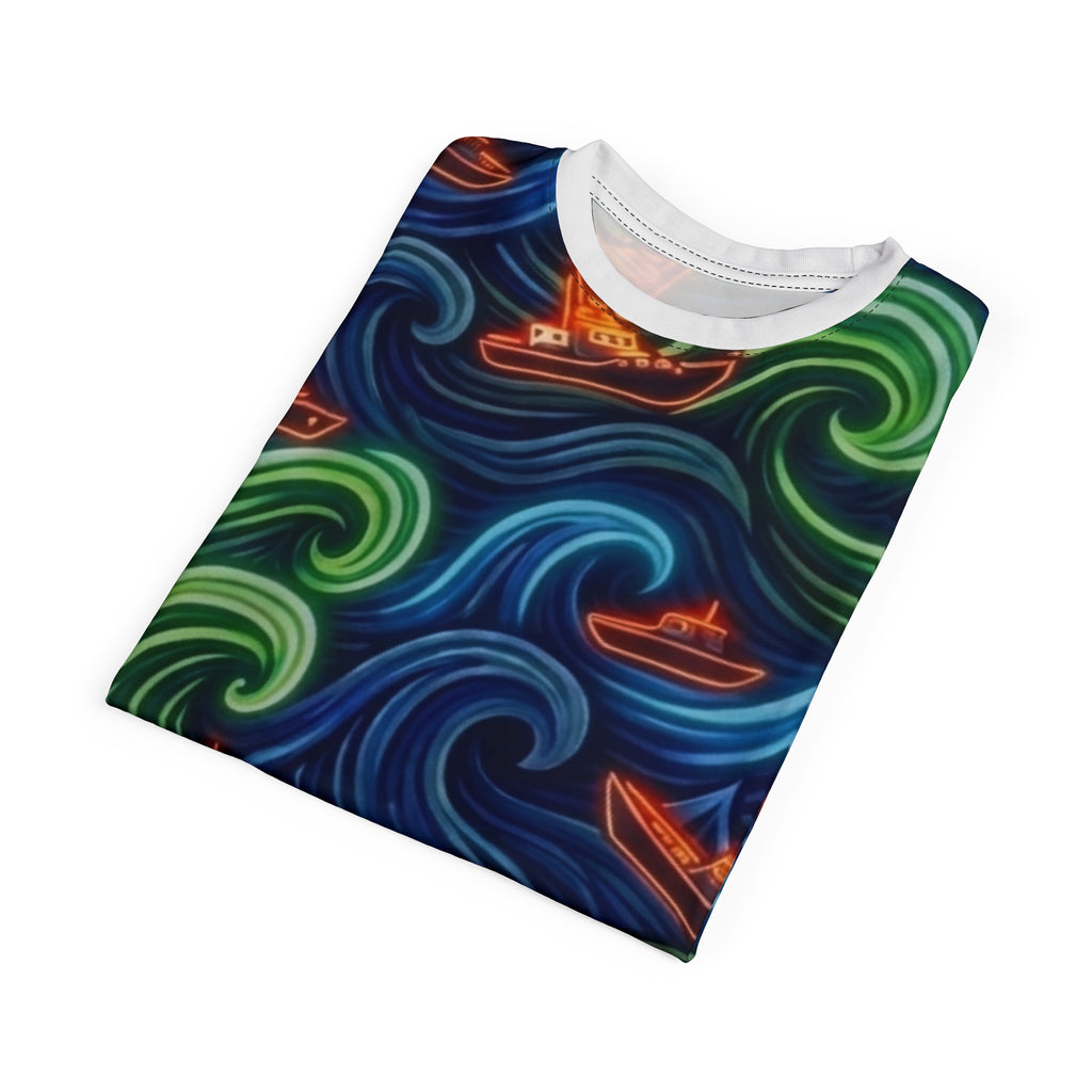 All-Over Print Tee — Neon Wave Surf & Boat Pattern Printify