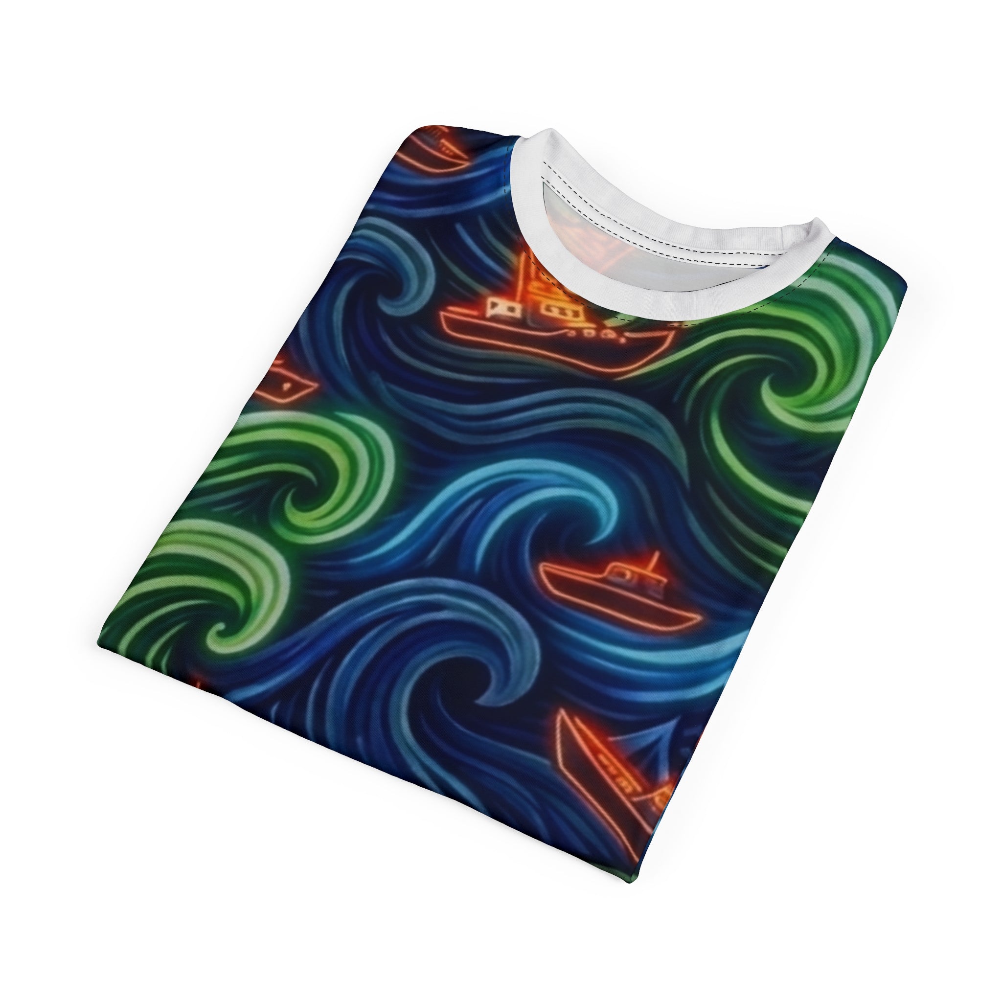 All-Over Print Tee — Neon Wave Surf & Boat Pattern Printify