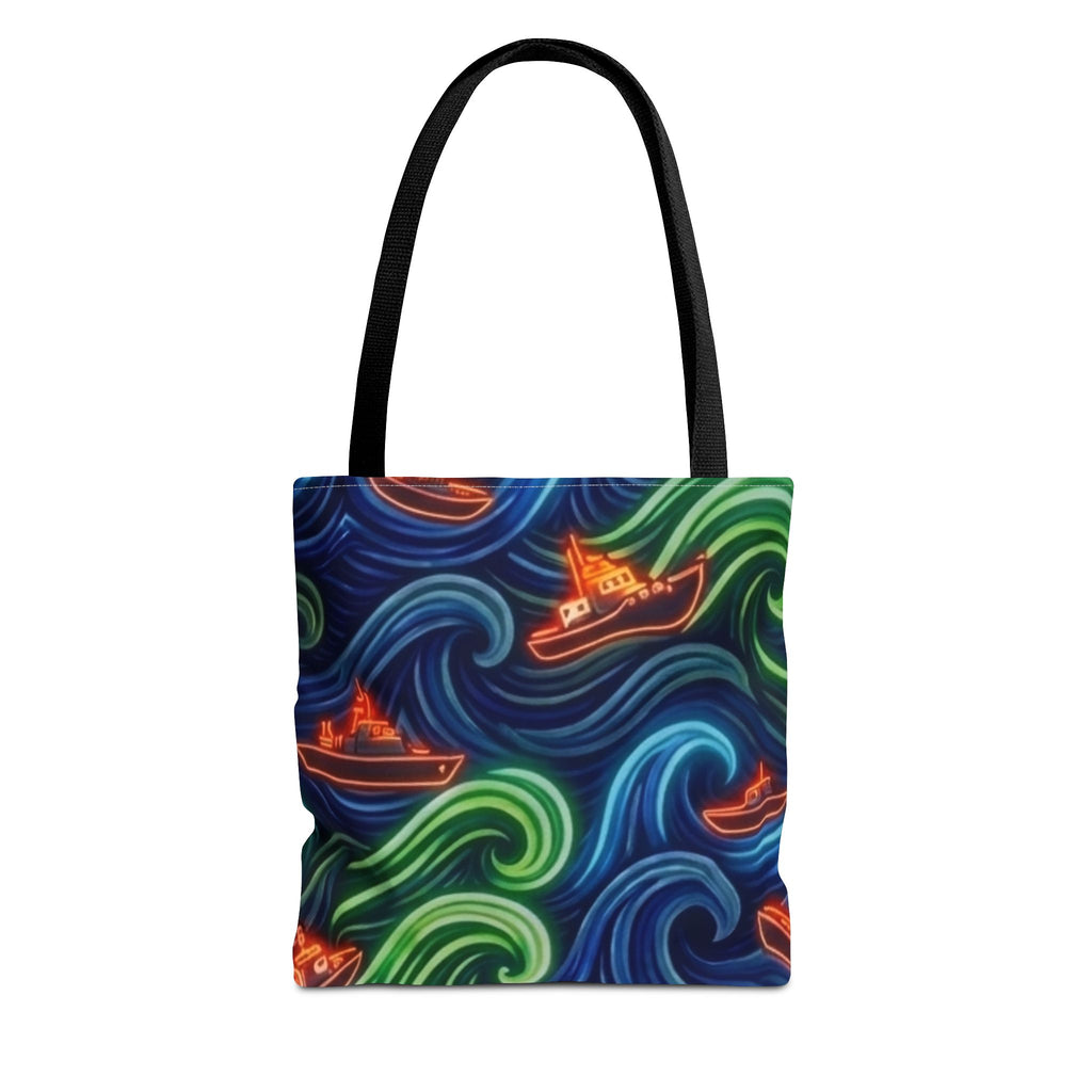 All-Over Print Tote Bag---Neon Wave Surf & Boat Pattern Printify