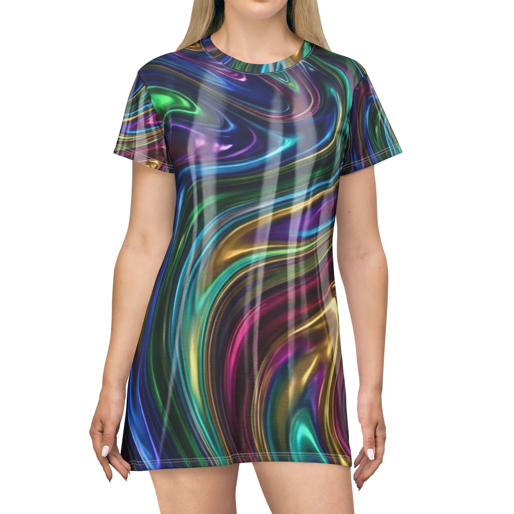 Psychedelic Swirl T‑Shirt Dress – All‑Over Neon Marble Print