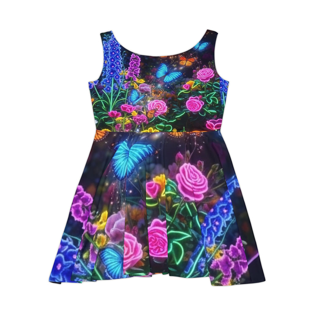 Neon Floral Butterfly Skater Dress