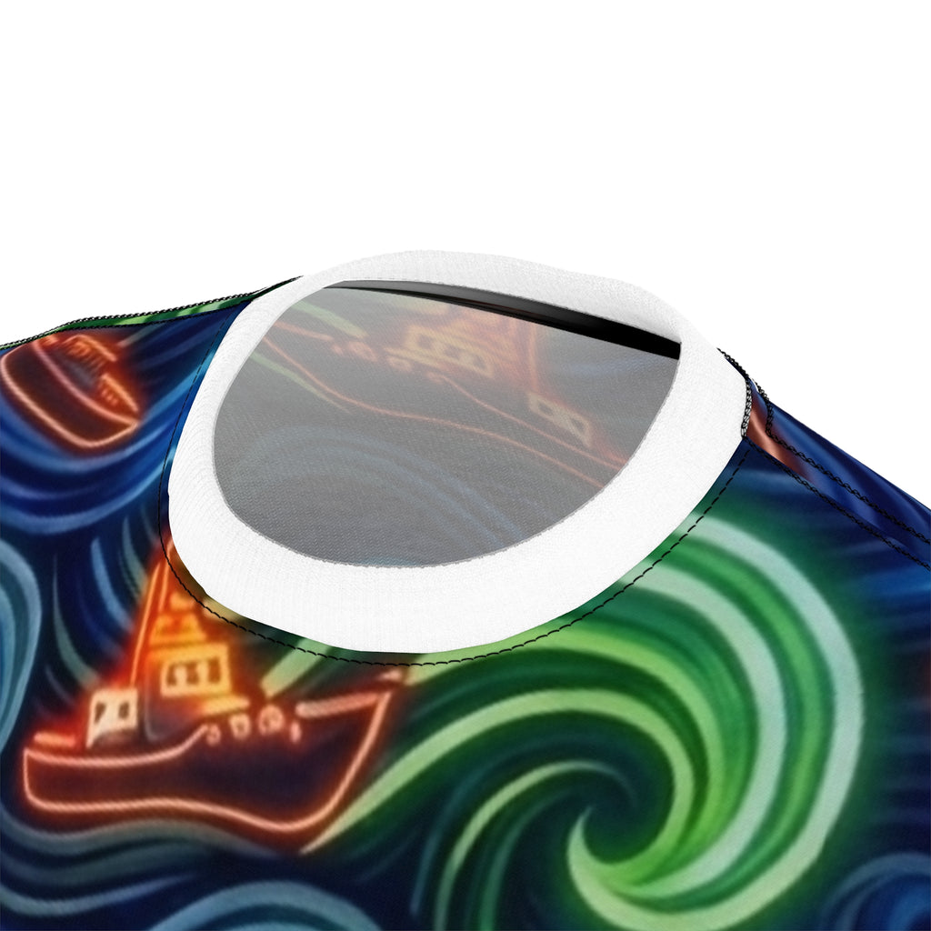 All-Over Print Tee — Neon Wave Surf & Boat Pattern Printify