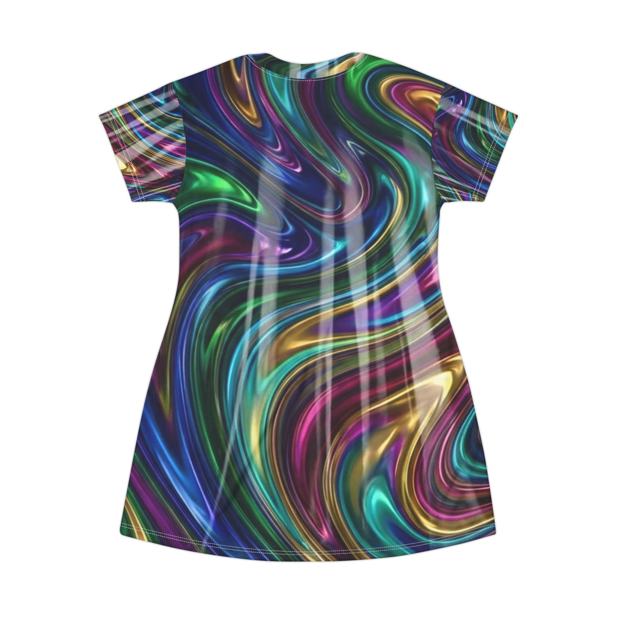 Psychedelic Swirl T‑Shirt Dress – All‑Over Neon Marble Print