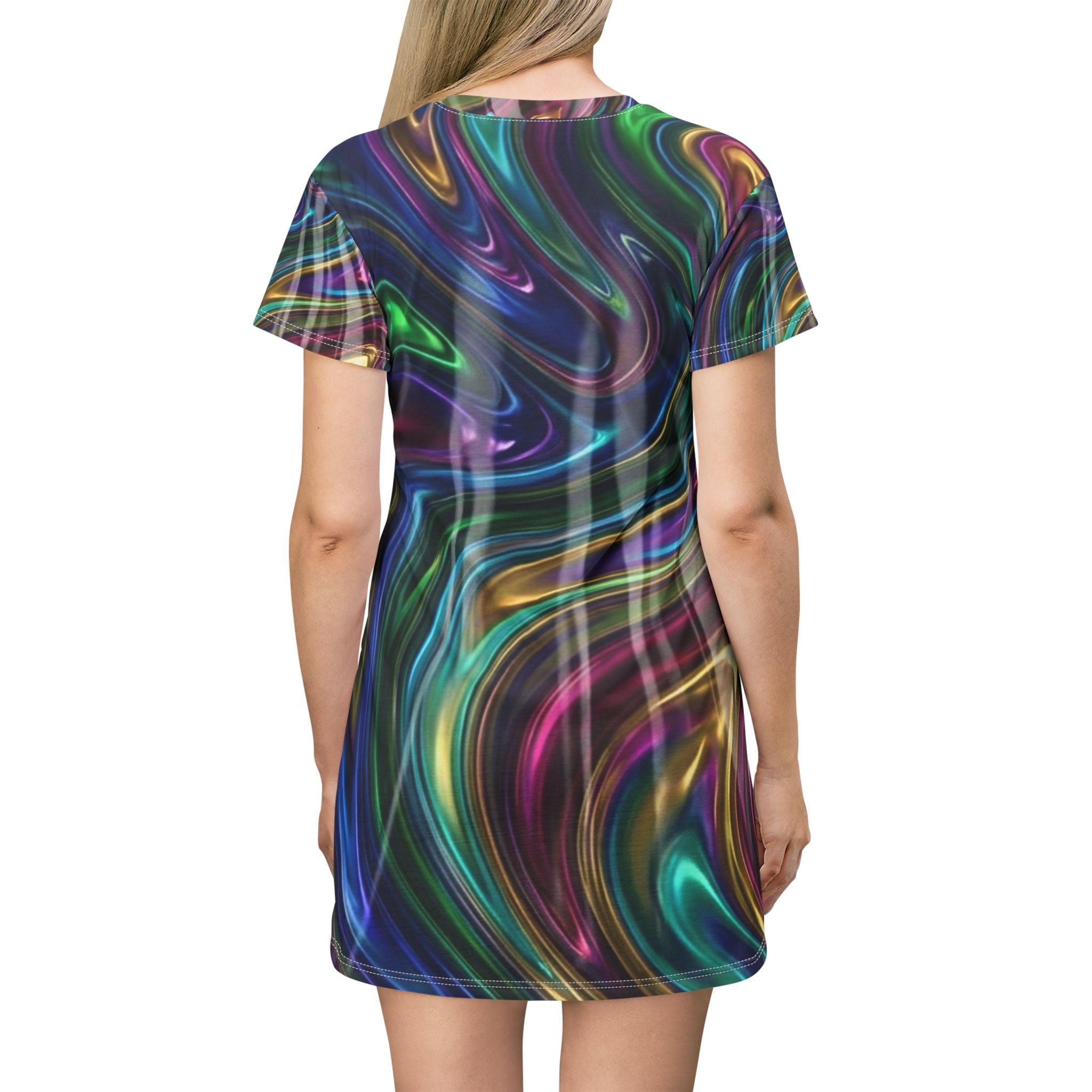 Psychedelic Swirl T‑Shirt Dress – All‑Over Neon Marble Print