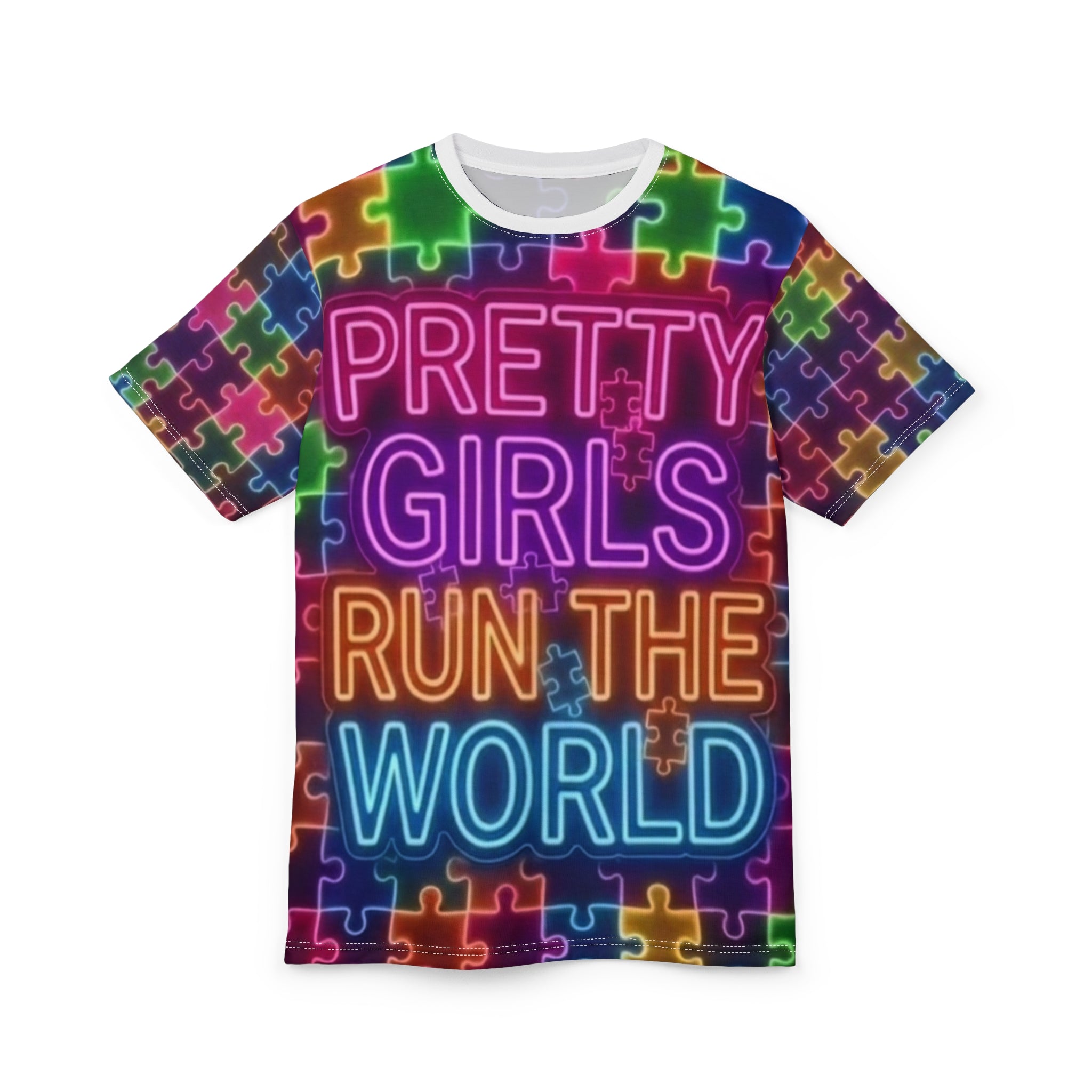 Pretty Girls Run the World Neon Puzzle Tee Printify