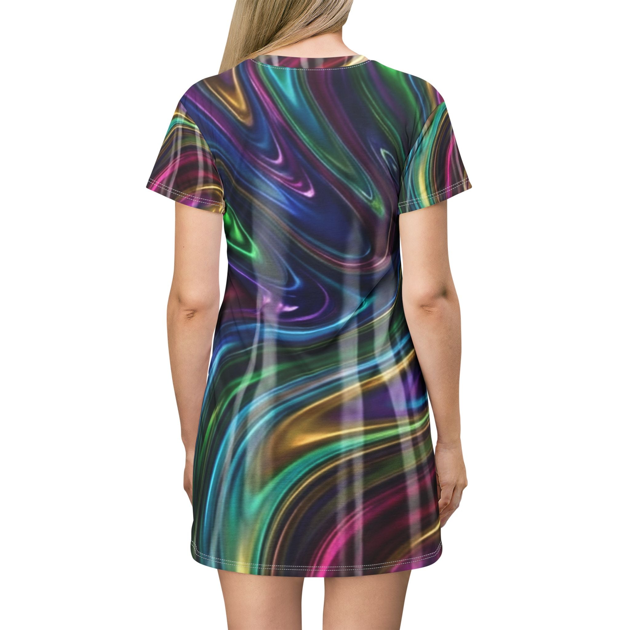 Swirl Neon All-Over Print T-Shirt Dress — Psychedelic Iridescent Wave Dress