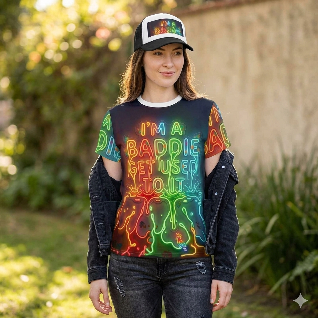 Neon 'I'm A Baddie' All-Over Print Tee Printify