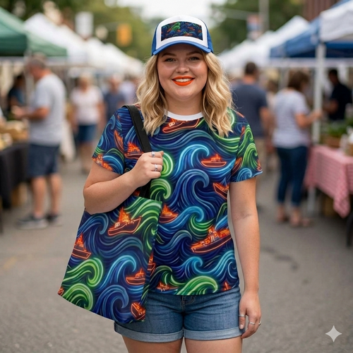 All-Over Print Tee — Neon Wave Surf & Boat Pattern Printify
