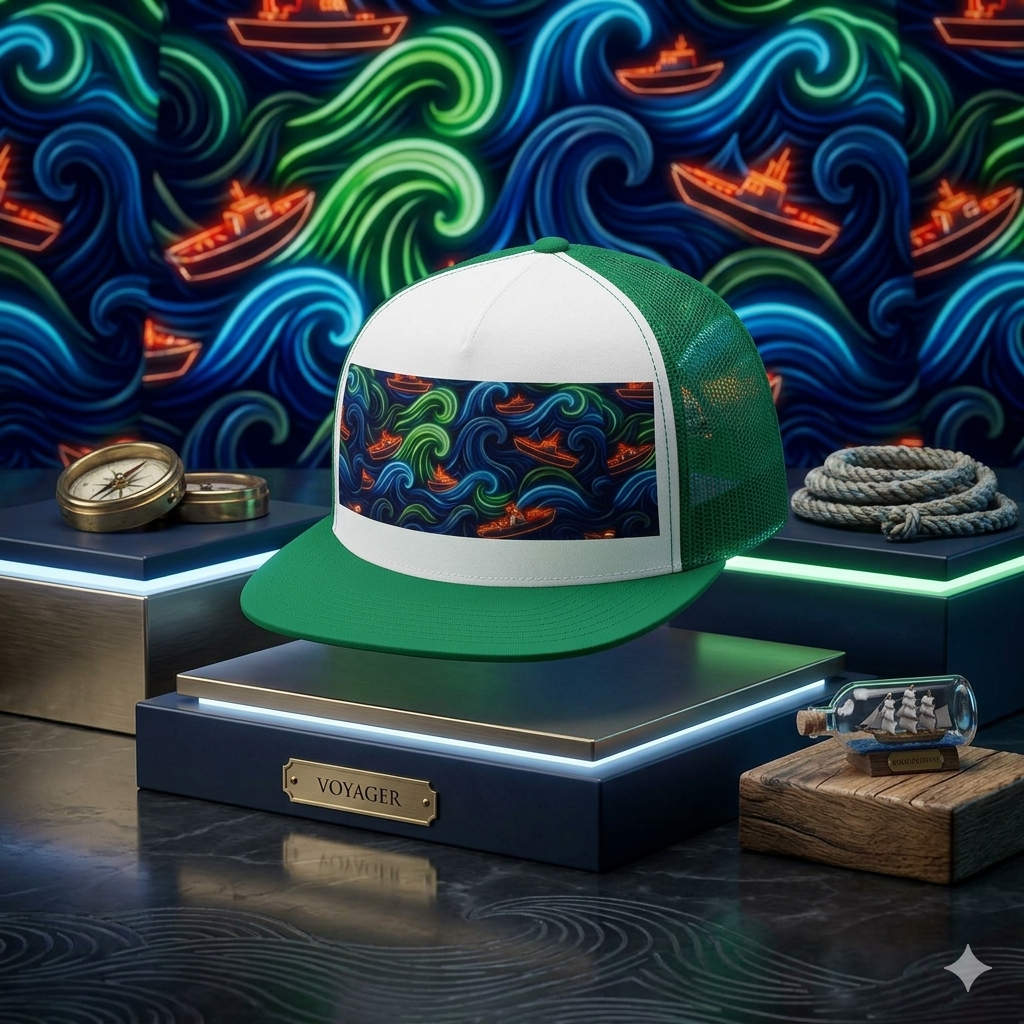 All-Over Print Trucker Cap Neon Wave Surf & Boat Pattern —5-Panel Mesh Hat Printify