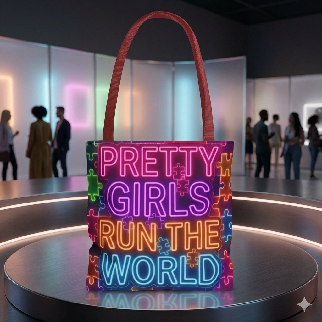 Pretty Girls Run the World Tote Bag — Neon Puzzle Pattern AOP Tote Printify