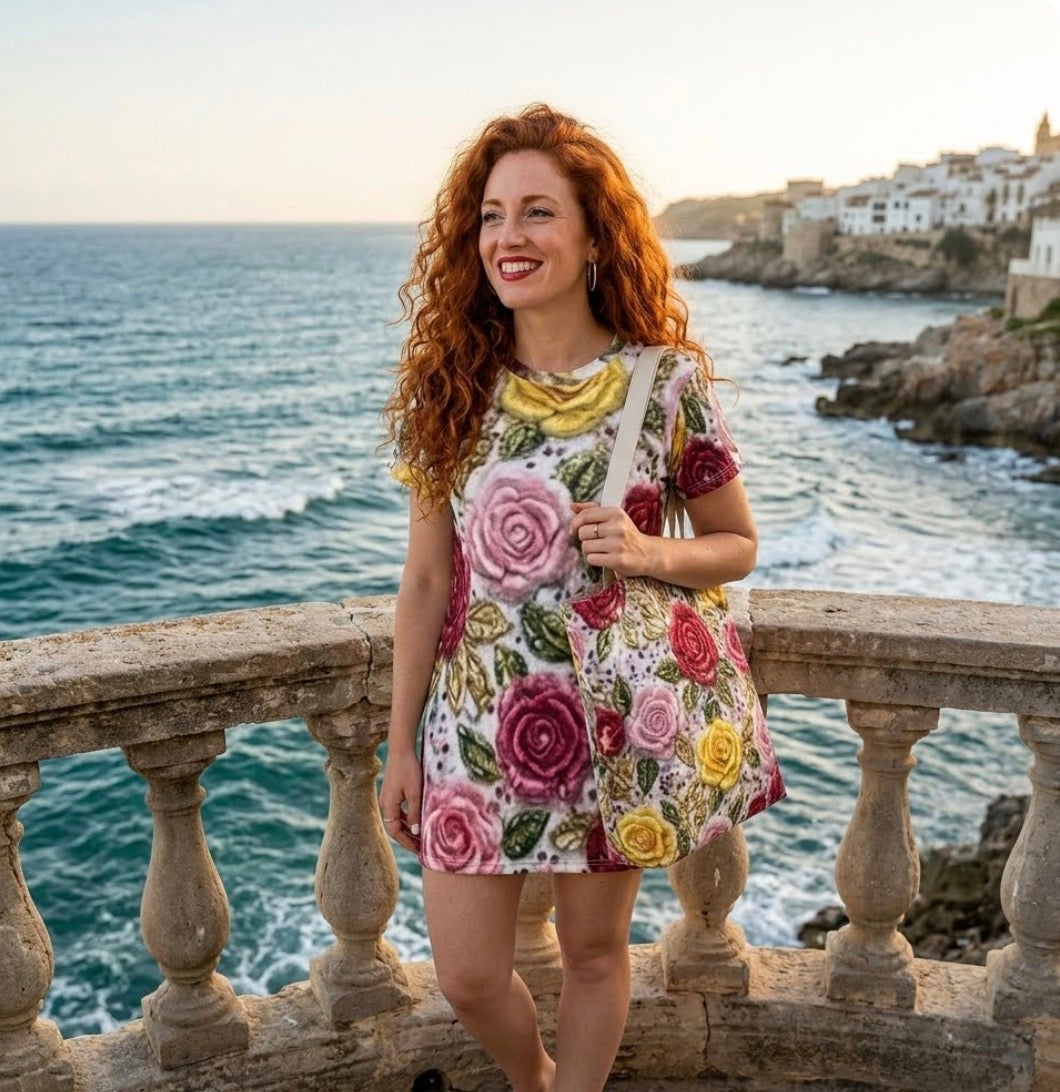 Floral Rose All-Over Print T-Shirt Dress — Vintage Pink, Red & Yellow Garden Pattern Printify