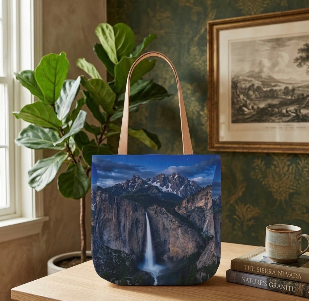 Waterfall Mountain  Canvas Tote — Scenic Yosemite Nightfall Tote Bag All-Over Print Printify