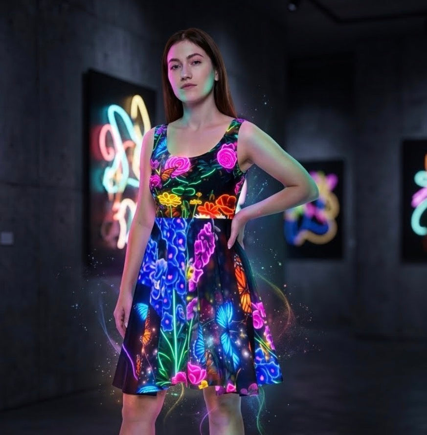 Neon Floral Butterfly Skater Dress Printify