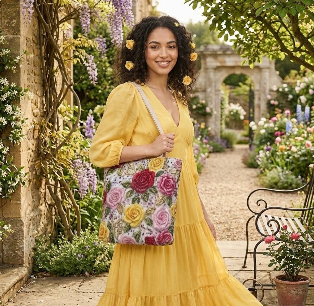 Floral Rose Canvas Tote Bag — Vintage Pink, Yellow & Red Roses Pattern Printify