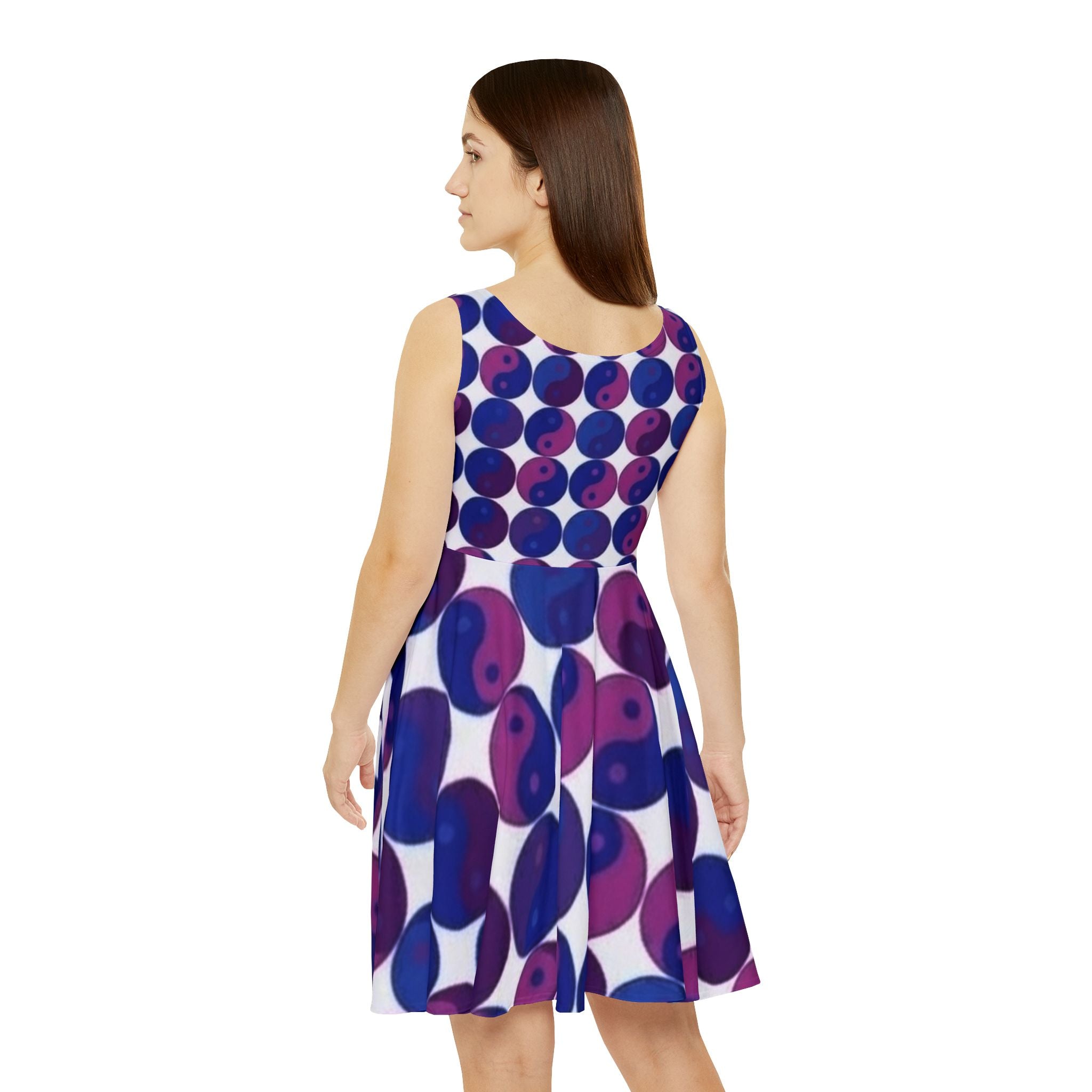 Yin Yang Polka Dot Skater Dress — Purple & Blue Graphic Print