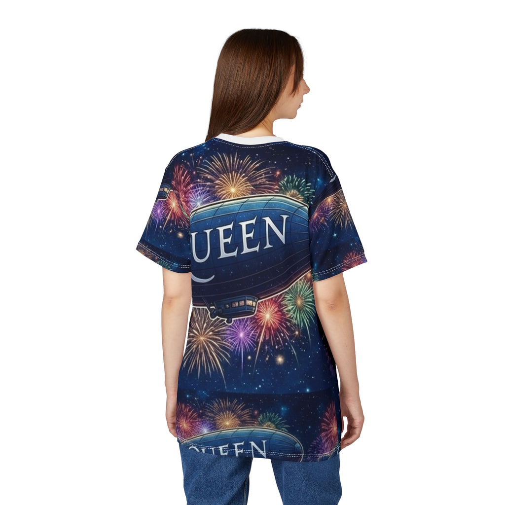 Queen Airship Tee — Retro Band Fireworks All-Over Print Shirt