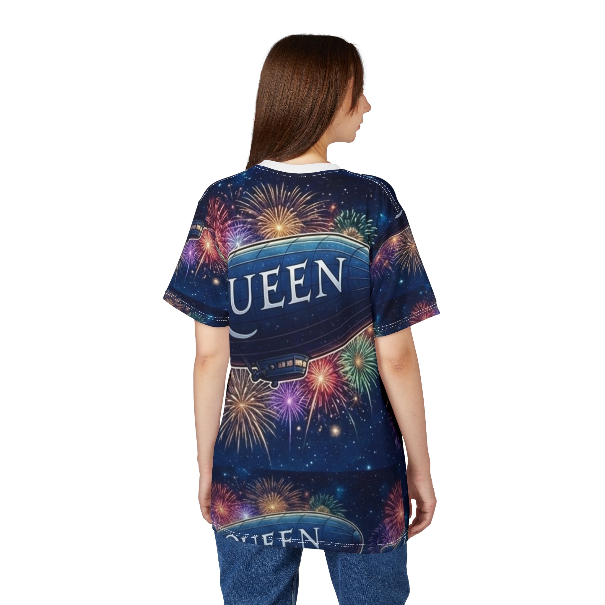 Queen Airship Tee — Retro Band Fireworks All-Over Print Shirt