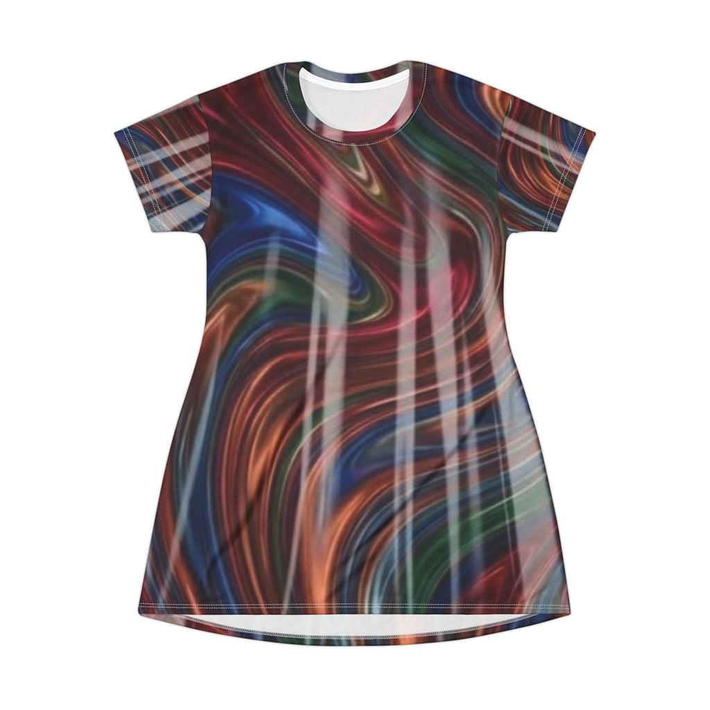 Abstract Swirl T-Shirt Dress — Multicolor Fluid Art All-Over Print