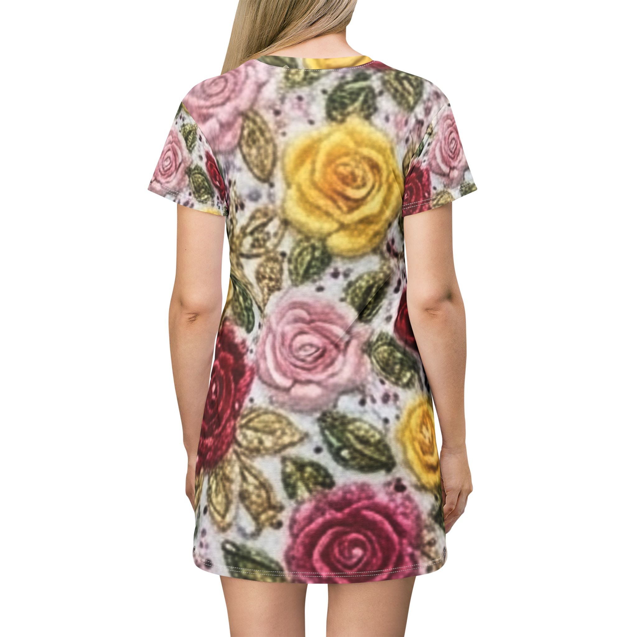 Floral Rose All-Over Print T-Shirt Dress — Vintage Pink, Red & Yellow Garden Pattern