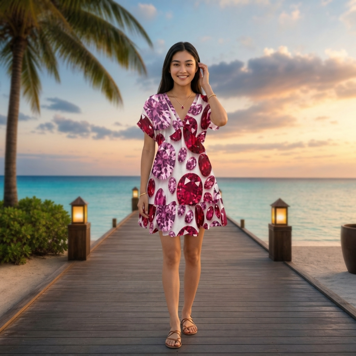 Pink and Red Gemstone All-Over Print Women’s Floral V-Neck Short Sleeve Dress