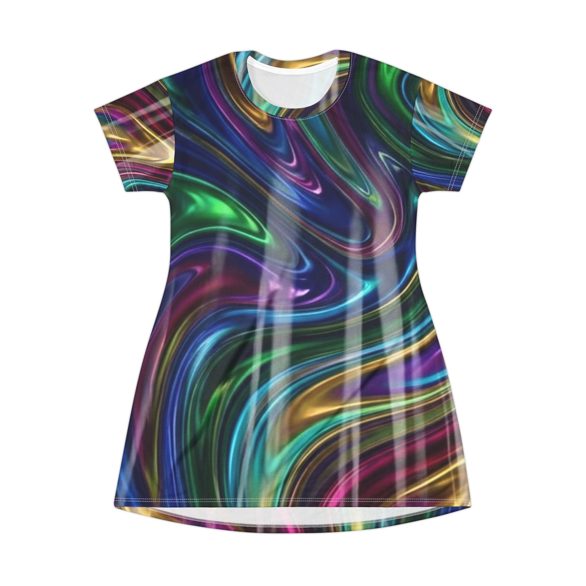 Swirl Neon All-Over Print T-Shirt Dress — Psychedelic Iridescent Wave Dress
